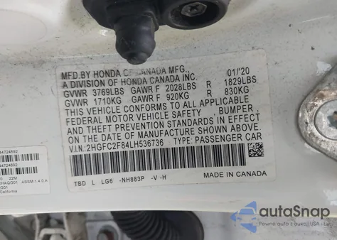 2020 Honda Civic Sport from USA, damaged, VIN 2HGFC2F84LH536736